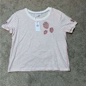 Pink & White Striped Tee with Rhinestone Strawberry Appliqués